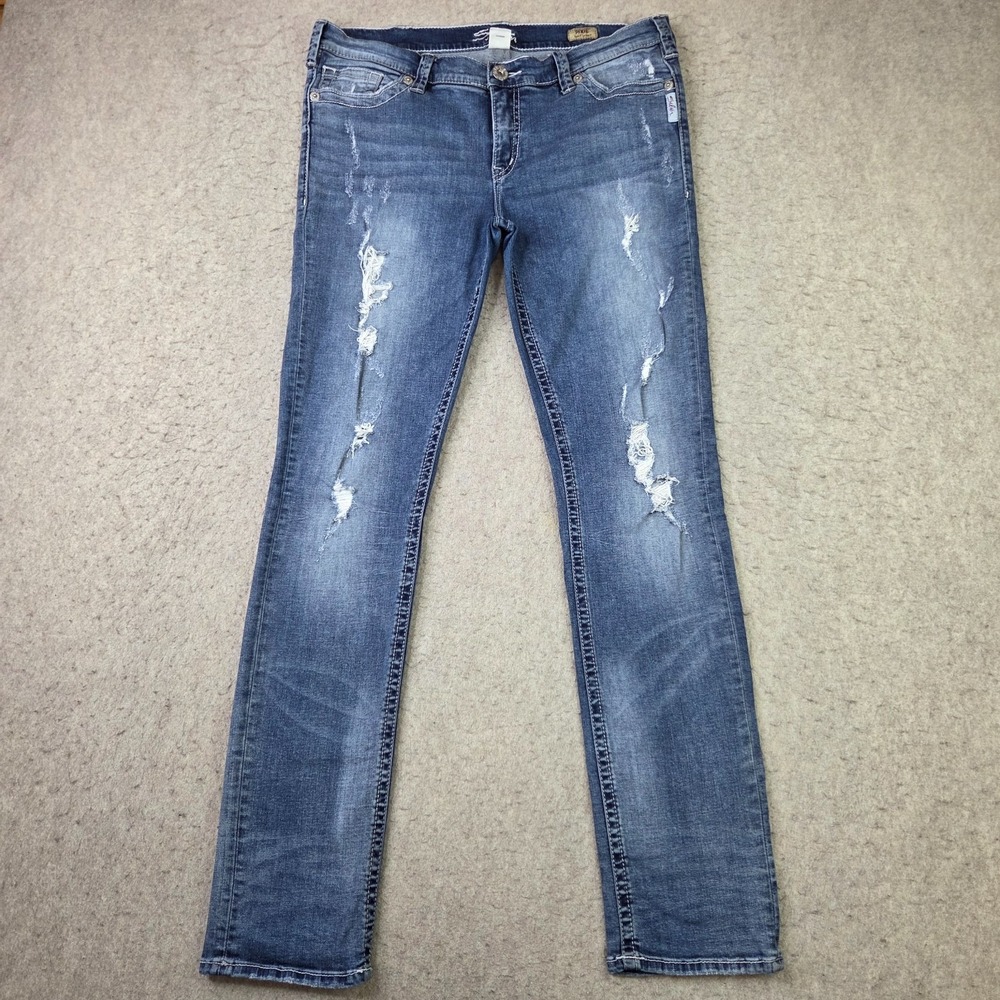 Silver Jeans Pixie Super Skinny Womens 34x31 Blue Distressed Thick Stitch
